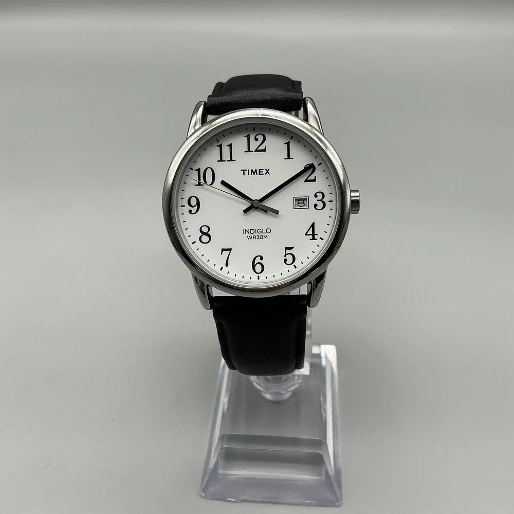 Timex Indiglo Easy Reader Mens Watch 38mm Black Leather Date New Battery